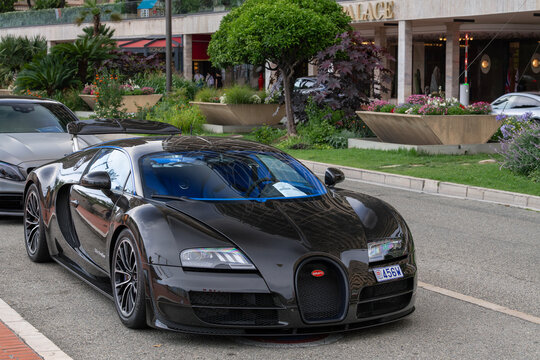 Monte Carlo, Monaco - June 6th 2023 : View on a black Bugatti Veyron 16.4 Super Sport Edition Merveilleux finished in Black Carbon Fiber parked on a street.