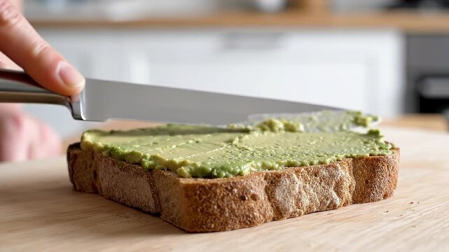 Hand holding knife spreads green avocado on slice of whole grain bread on wooden cutting board in bright kitchen with blurred background elements