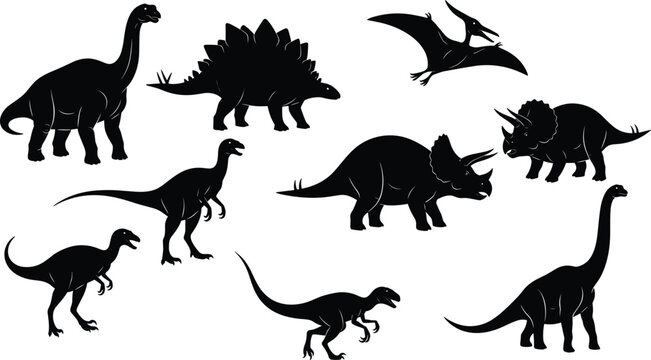 Dinosaur silhouette collection with prehistoric animals including triceratops stegosaurus brachiosaurus velociraptor and pterodactyl vector illustration isolated on white background