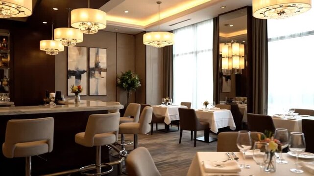 Elegant empty restaurant dining room with bar and set tables