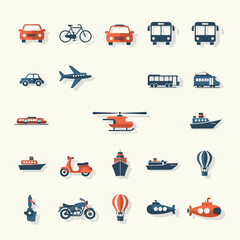 Naklejka premium A collection of flat design icons depicting various modes of transportation including cars, buses, planes, ships, and submarines.