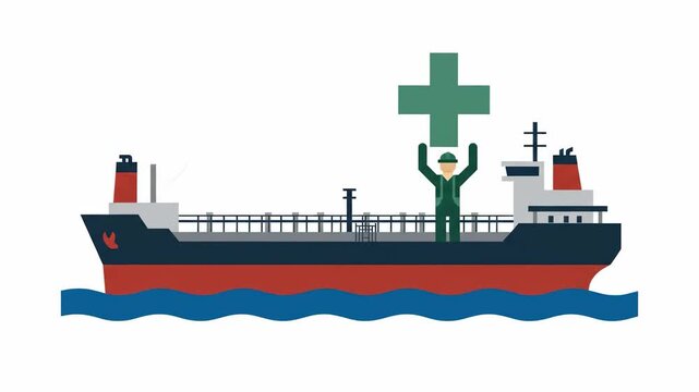 Cargo ship sailor holding green medical cross symbolizing maritime health services and ship crew emergency medical assistance concept