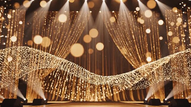 Luxurious Golden Stage Decor with Curtains and Lights.