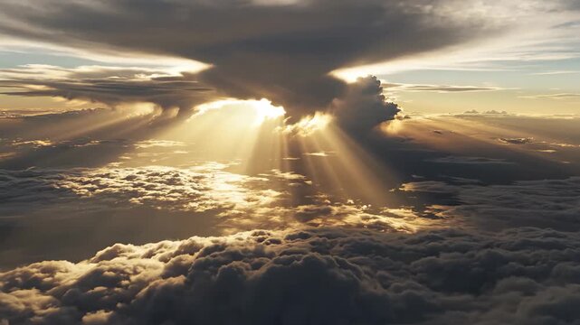 Aerial view of sun rays breaking through clouds, cinematic 4k video footage