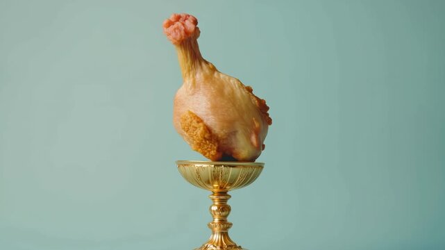 Juicy chicken leg balancing elegantly on golden chalice against blue background