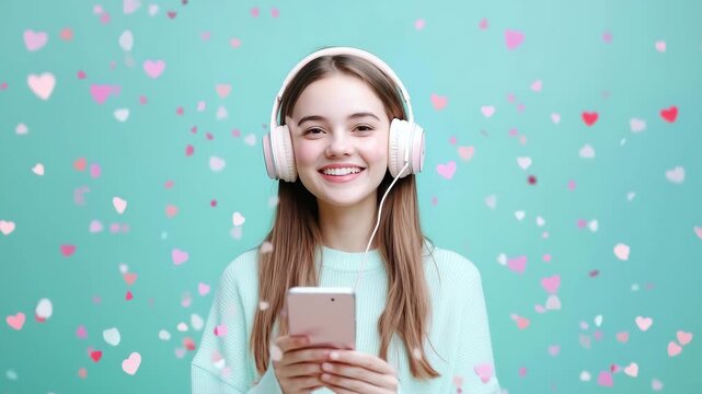 Cheerful girl enjoys music with pink confetti background in vibrant sequence