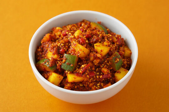 White bowl of Indian mango achar pickle on orange background food