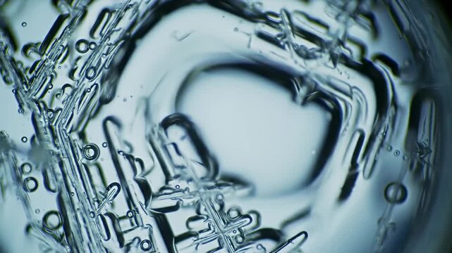 Microscopic ice crystals and bubbles form intricate patterns on light blue background