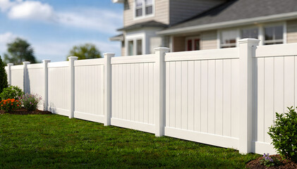 Modern white vinyl fence installation with neatly trimmed green grass and lush landscaping, providing privacy and division for a residential home