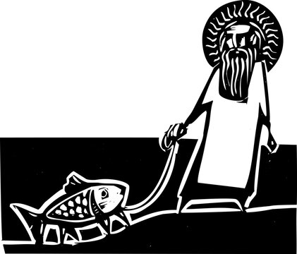 Woodcut style image of god walking a fish with legs. 
