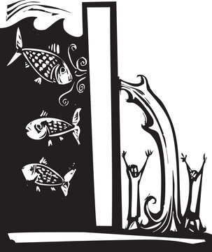 Woodcut style image of a leak in a dam with water pouring out and people frightened.