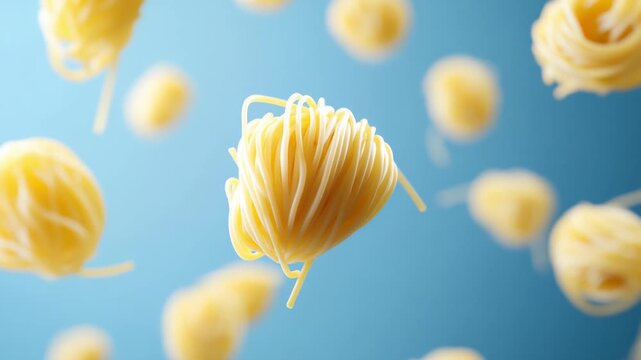 Floating pasta nests in motion against vibrant blue background