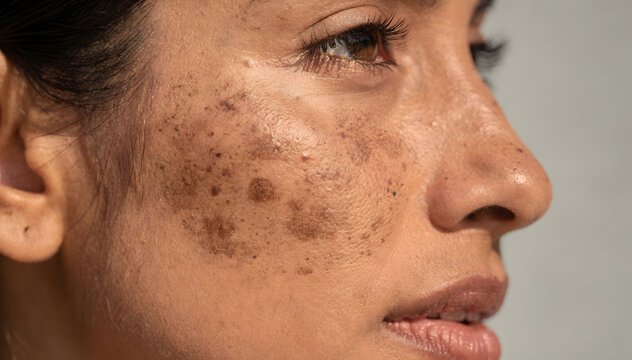 Close-up portrait of diverse woman's facial skin with various dermal marks, highlighting natural beauty and individual skin characteristics