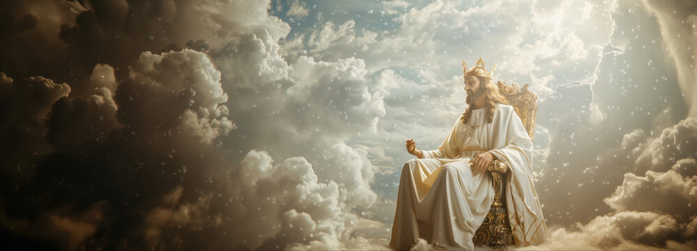 Celestial Contemplation: An ethereal figure, cloaked in divine attire, presides over the celestial sphere. Sat on a throne amongst the clouds, bathed in heavenly light.