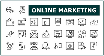 Fototapeta premium Online Marketing line icon set. Pack of marketing, advertising, digital, web, website, social and more. Digital Marketing icon. Perfect for logos and infographic. Art and illustration.