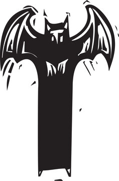 Woodcut style tall demon with wings