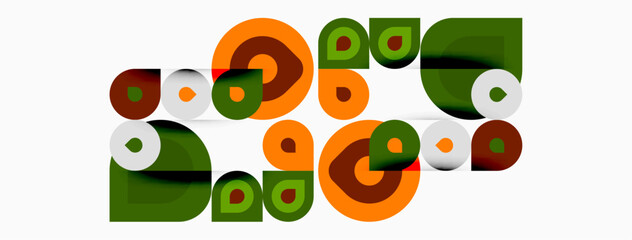 Abstract geometric shapes, circles, squares, overlapping forms. Retro style design, orange, green, beige color scheme. Modern pattern.