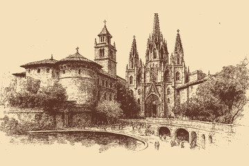 Fototapeta premium Sagrada Familia, Spain illustration in a vintage style. This vector illustration can be used in any size you like for advertising, logos, and other work. 