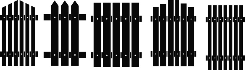 Black and white silhouette vector icon set of wooden garden fence sections with various picket designs for outdoor landscaping borders.