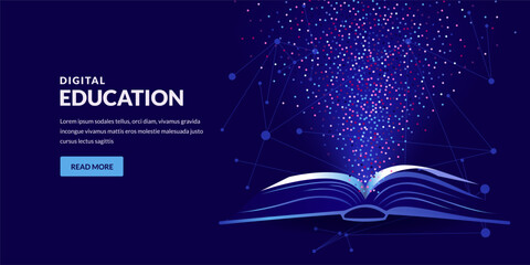 Open book with light beam. Vector glowing illustration. Concept design for knowledge, education and digital technology
