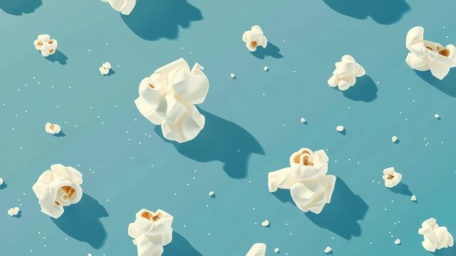 Dynamic popcorn burst against vibrant blue background with moving shadows