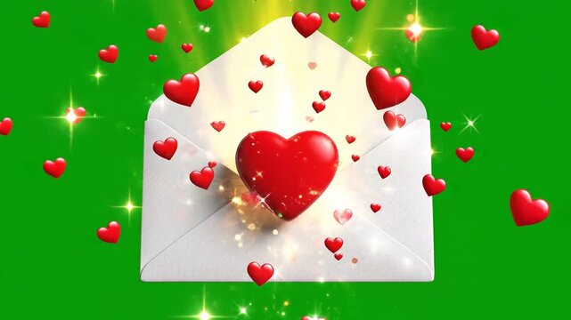 Valentine's Day, love hearts, email envelope, romantic symbols, green background
