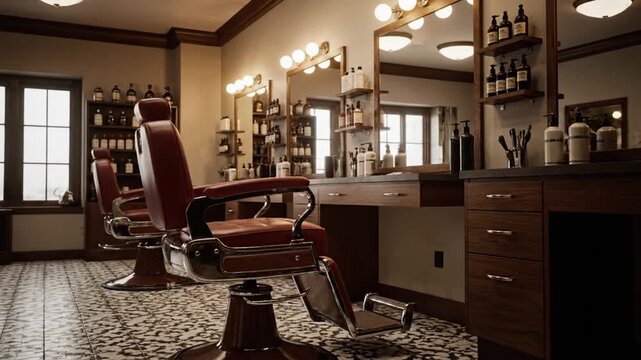 Empty classic barbershop interior with two vintage barber chairs