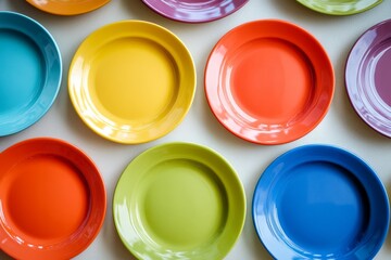 Colorful plates arranged in a pattern to promote healthy nutrition choices at a lunch setting
