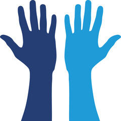 Obraz premium Two hands raised up in the air with palms facing forward in blue color