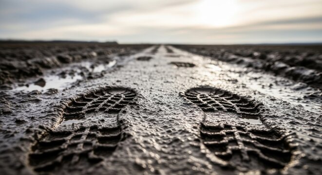 Muddy boot prints pressed into the earth