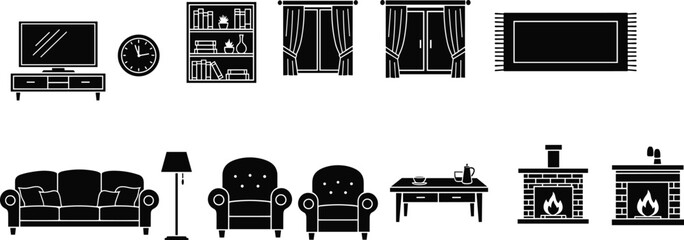 Modern living room furniture icon set, sofa armchair fireplace window bookshelf clock table interior design silhouette collection home decor elements © NASRIN