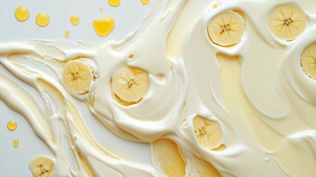 Creamy yogurt and banana swirl with golden drizzles in smooth motion