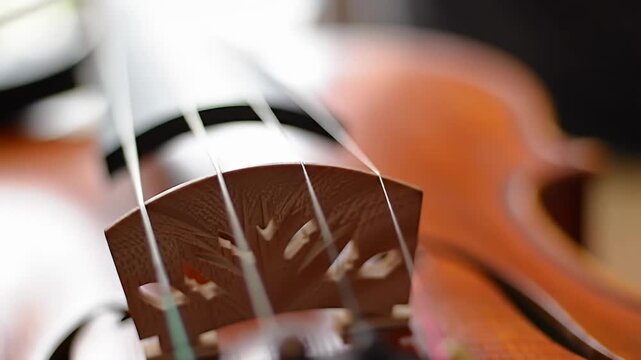 Close-up on violin bridge and bow with strings blurred in the background