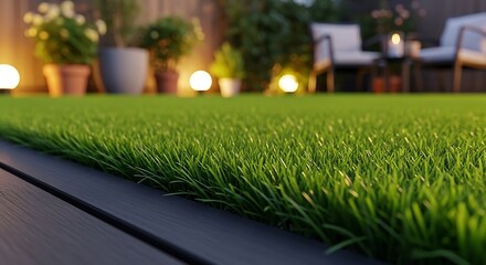 Fototapeta premium Close-up of lush green grass lawn with patio furniture, night lights & garden
