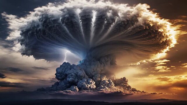 Aerial view of massive mushroom cloud explosion at sunset, cinematic 4k video footage