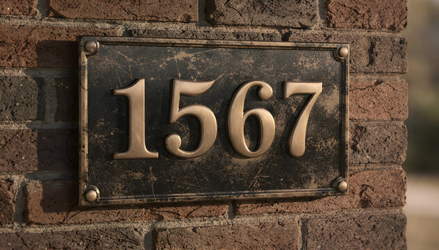 Rustic Bronze Address Plaque with Embossed Numbers 1567 Mounted on a Weathered Red Brick Wall, Symbolizing Home Identification and Property Location Details