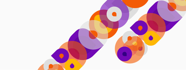 Fototapeta premium Abstract circles overlap, creating vibrant patterns. Orange, purple, yellow hues dominate white background. Modern design element.