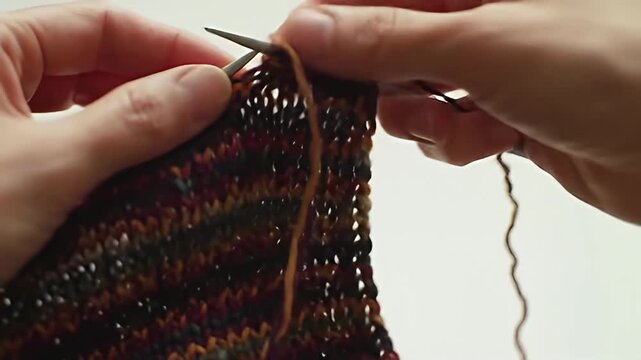 Hands knitting a multicolored project using steel needles, viewed up close and personal