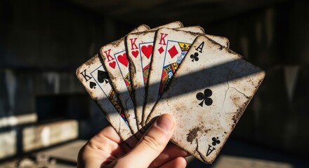 Hand Holding Weathered Playing Cards with Kings and Ace