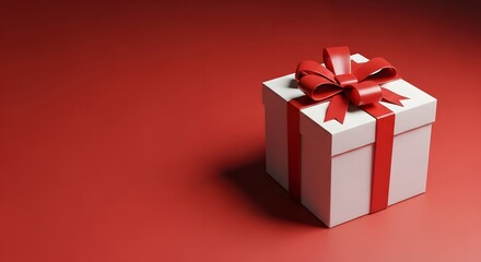 Fototapeta premium A beautifully wrapped gift box with a red ribbon on a red background