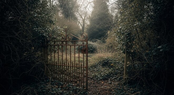 Rusty Metal Gate Ajar in Overgrown Garden