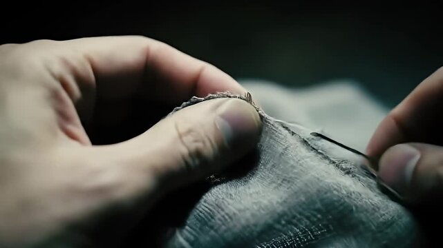 Close-up of hands stitching grey patterned fabric with a needle and white thread
