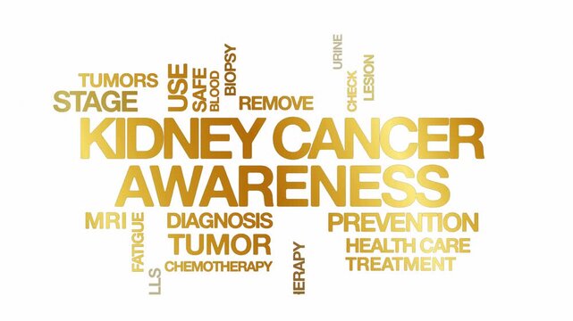 kidney cancer awareness concept Animated Tag Word Cloud kinetic typography, Text Design Animation typography seamless loop video motion graphics Intro Wordart gold golden type on white background bg b