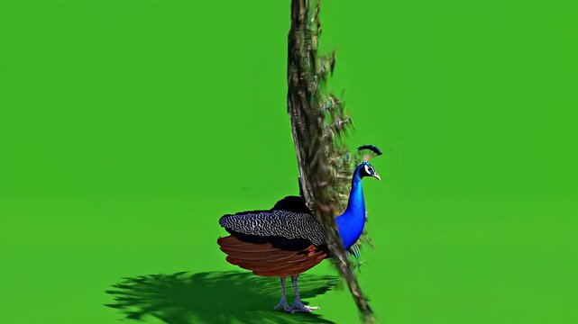 Majestic Peacock Displaying Vibrant Feathers on a Green Screen Background.