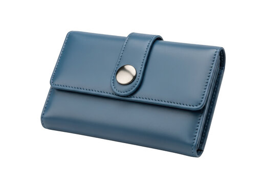 Blue leather trifold wallet with silver snap closure isolated on transparent background