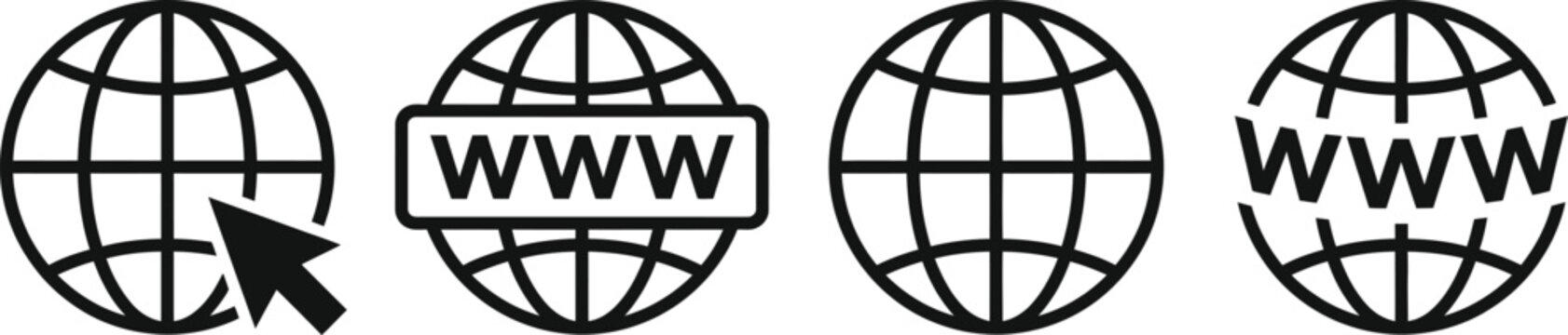 Four globe icons with varying web address displays and a pointer