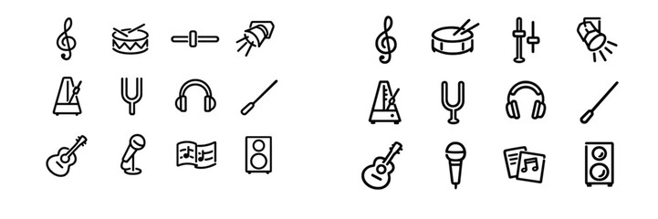 Set of music and audio equipment icons including guitar microphone headphones and musical notes on white background