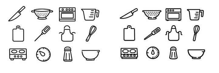 Kitchen utensils and cooking equipment line icons set including knife oven whisk and apron on white background