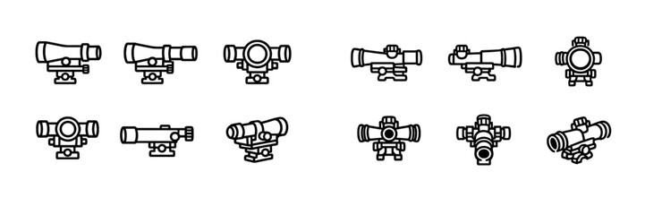 Set of rifle scope icons and telescopic sight symbols for hunting and shooting sports equipment on white background © PAPA STOCK