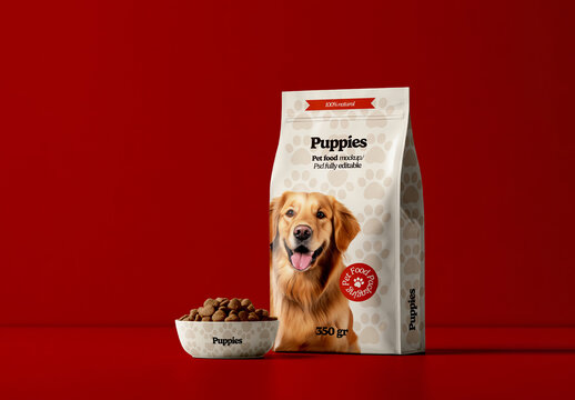 Dog Food Packaging Bag Mockup with Bowl